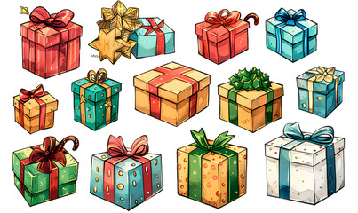 a collection of colorful christmas gift boxes with ribbons