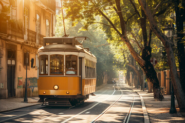 Yellow Trolley Car Passing Tall Buildings on the Street
