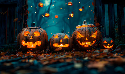 Halloween dark background with pumpkins and bats