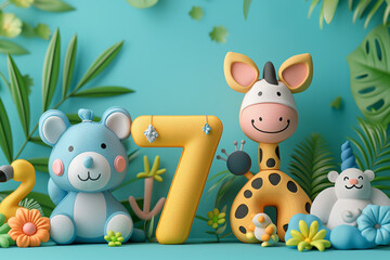 In the foreground is the number without decorations, behind the number is a cute animal style of Cartoon. Generative AI