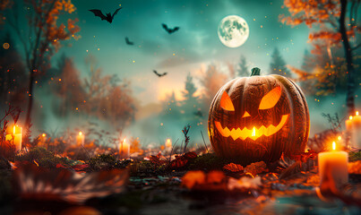 Halloween background with pumpkins and moon