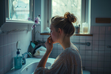 North American woman wakes up and refreshes herself at the sink to start the day, still sleepy