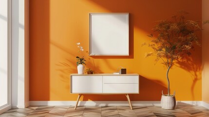 orange gallery room interior with drawer and decoration, mockup frame
