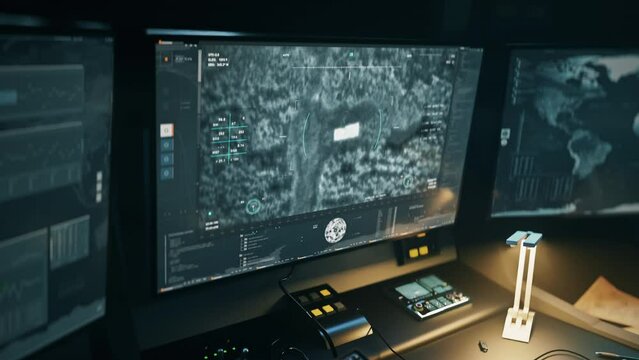 Spy drone looking for the enemy to commence a rocket launch. Spy drone identifying the terrorists before the rocket attack. Military spy drone launches the destruction rocket on the rival army vehicle