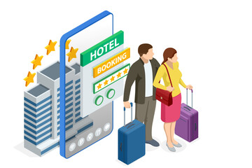 Expensive hotel entrance. Isometric online hotel booking concept. People booking hotel and search reservation for holiday. Smartphone maps gps location
