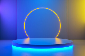 Podium. Neon Yellow and blue. Abstract background, Futuristic pedestal for product presentation. Generative AI