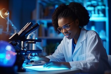 Scientist conducting microscopic research in modern laboratory, Medical science laboratory woman at...