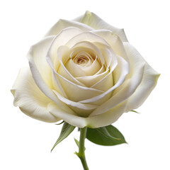 A pristine white rose in full bloom, isolated on white