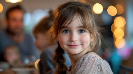 Fototapeta premium a happy relaxing daughter with blurred bokeh light background at birthday party at home.