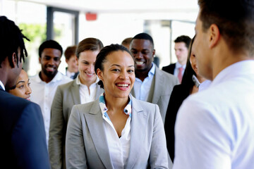 A diverse group of individuals standing in a circle, engaged in conversation and teamwork.