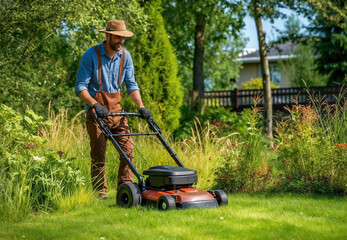 A man is cutting the grass using a lawnmower.
