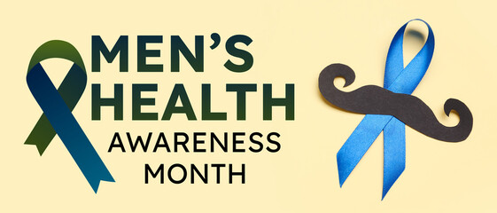 Blue awareness ribbon with black paper mustache on color background