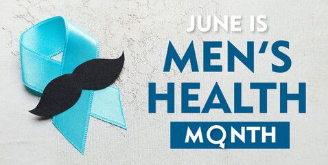 Blue ribbon and mustache on light background. Prostate cancer awareness concept