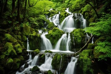 Naklejka premium Lush green forest waterfall landscape