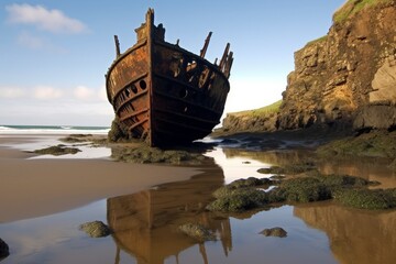 Abandoned shipwreck on a rocky beach