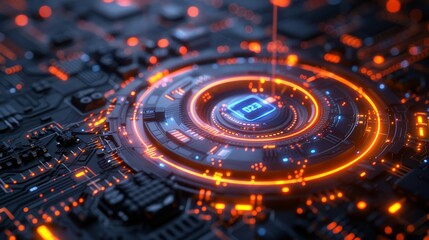 3D Cybernetic Circuitry, Circles, curves, grid patterns, Geometric balance, Isometric perspective, Neon light trails, Technological and metallic, Neon glow against black