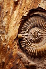 Fossilized ammonite shell embedded in weathered wood