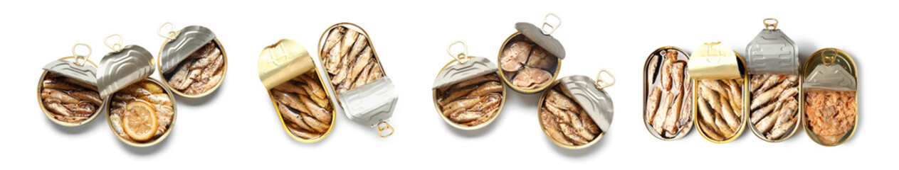 Set of delicious canned fish on white background, top view