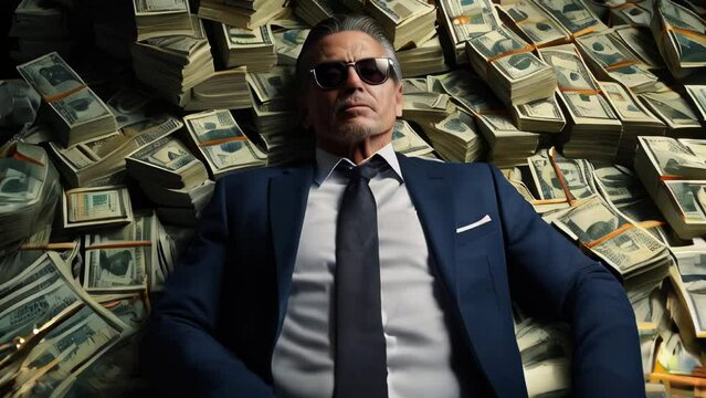 Rich man in a pile of money