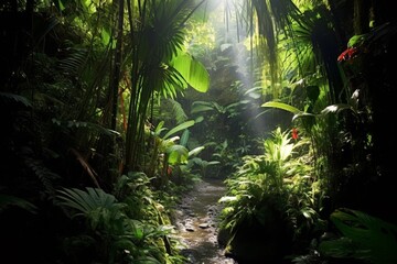 Lush tropical rainforest landscape with sunlight streaming through the canopy