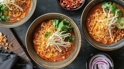 Aromatic bowls of comforting khao soi soup topped with crispy noodles