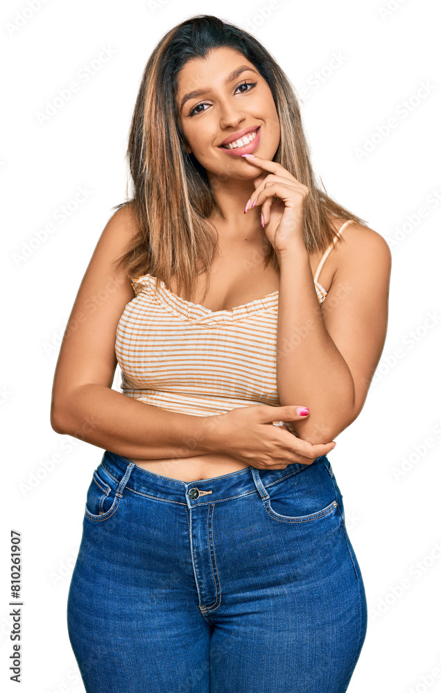 Sticker beautiful brunette woman wearing casual clothes looking confident at the camera with smile with cros