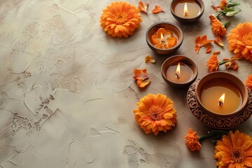 Elegant souvenirs and gifts for Diwali, minimalist and festive against a stark background, space for text