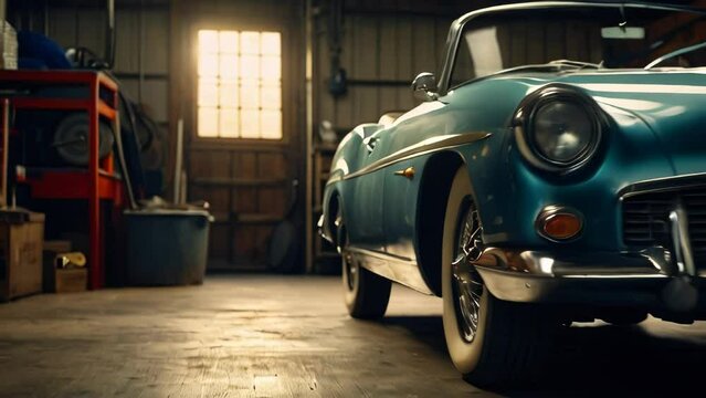 Oldtimer car in garage workshop background