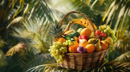 basket filled with assorted exotic fruits against a backdrop of palm trees