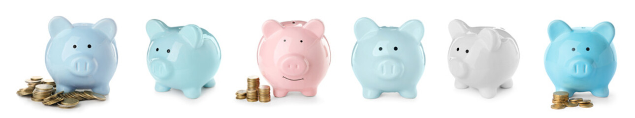 Set of piggy banks on white background