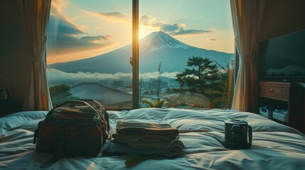 Voyage Anticipation of traveler. clothes and accessories in opened baggage ready for vacation trip at Fuji mountain, Japan