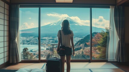 backside traveler is getting ready to travel for her trip at the hotel room around Fuji mountain.