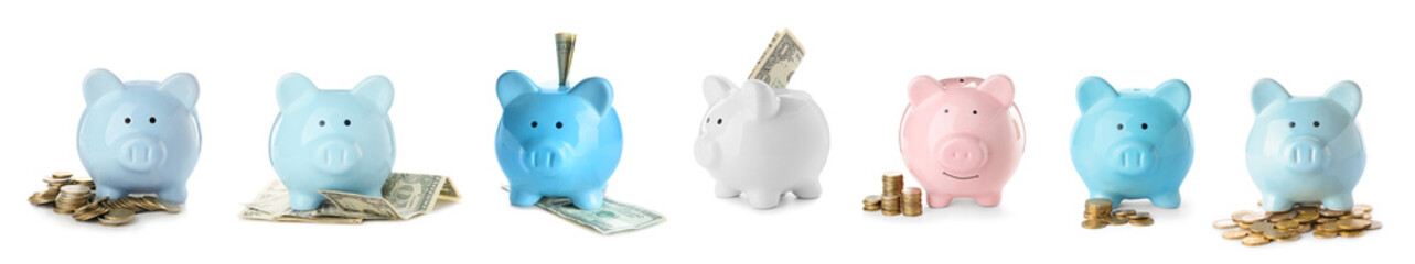 Set of many piggy banks on white background