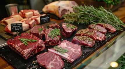 butcher showcasing a selection of premium cuts of beef at a local market