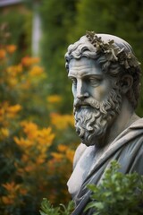 Weathered stone statue of a bearded man in a garden