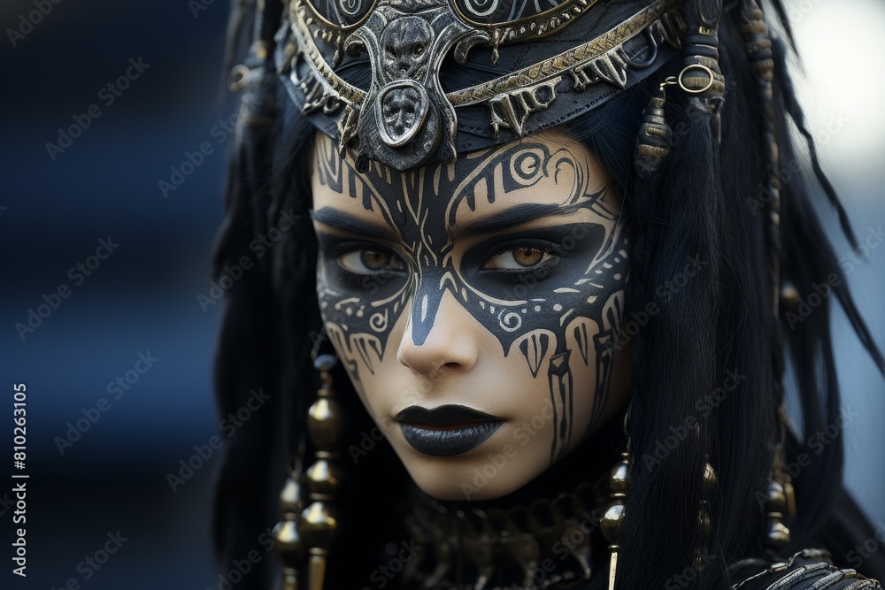 Sticker Mysterious warrior woman with tribal face paint