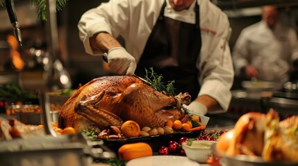 chef carving a succulent roast turkey for a festive holiday meal