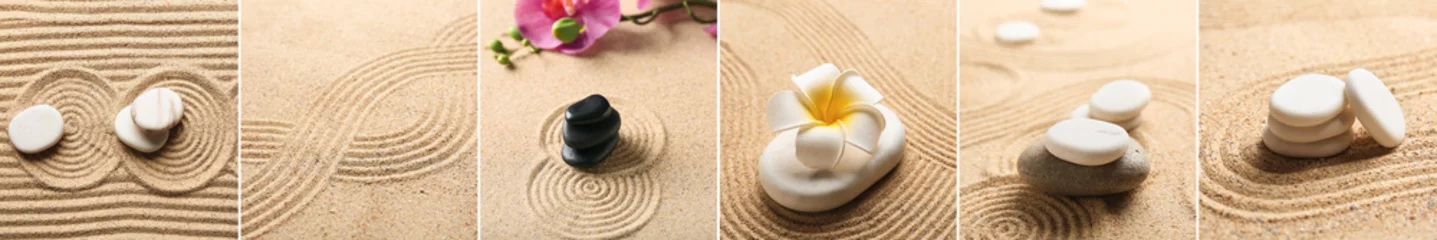 Fotobehang Zen Stenen Collage of stones and flowers on sand with lines. Zen concept  © Pixel-Shot