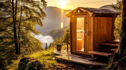 A cabin with a chimney and smoke coming out of it. The cabin is surrounded by trees and has a view of the mountains - Powered by Adobe