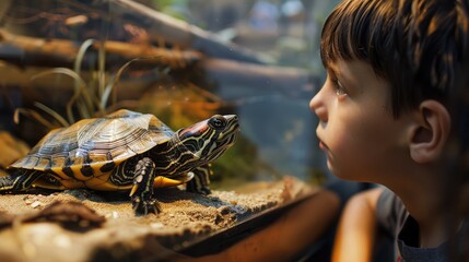 child eagerly watching as their pet turtle explores its habitat with curiosity - Powered by Adobe