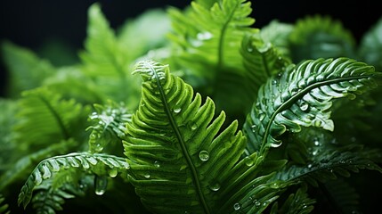 Lush green fern leaves with water droplets