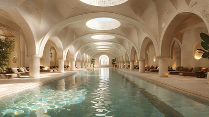 Luxurious Indoor Pool in Classical Archway Design with Tranquil Lighting