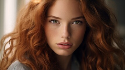 Fototapeta premium Captivating portrait of a young woman with striking red hair