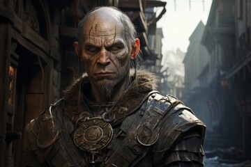 Rugged warrior with scars and fur-trimmed armor