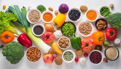 Colorful array of fresh vegetables, fruits, nuts, and grains on a clean white background, epitomizing healthy and vibrant eating.