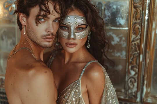 An affectionate couple embraces while donning exquisite masquerade masks amidst a grand setting