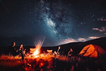 A group of friends camping under a star-filled night sky, with a crackling campfire casting warm light on their faces, creating a sense of adventure and camaraderie. - Powered by Adobe