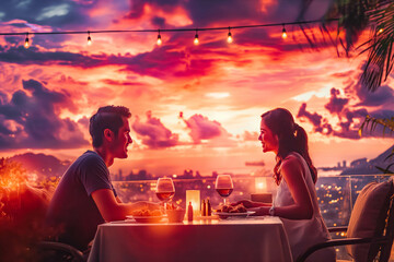 A happy couple enjoying a romantic dinner on a rooftop restaurant at sunrise.