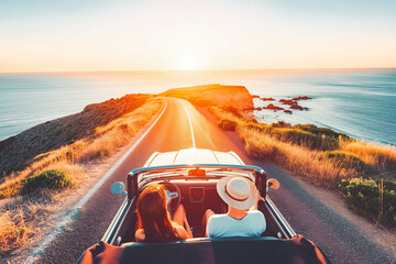 A happy couple enjoying a scenic drive along a coastal road at sunrise. - Powered by Adobe