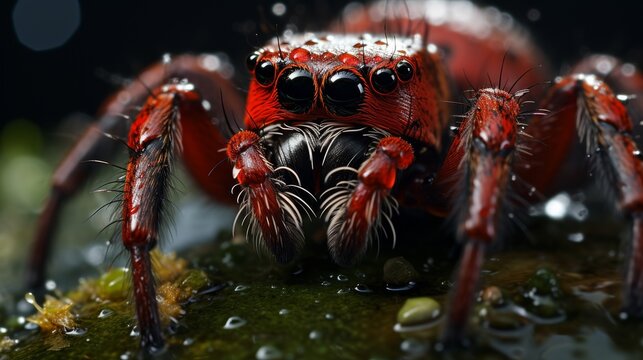 Macro close-up of a vibrant red spider with large eyes
